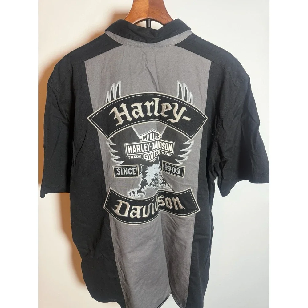 Harley Davidson Men's XL Garage Shirt Stitched Badge Shield Logo Black Gray